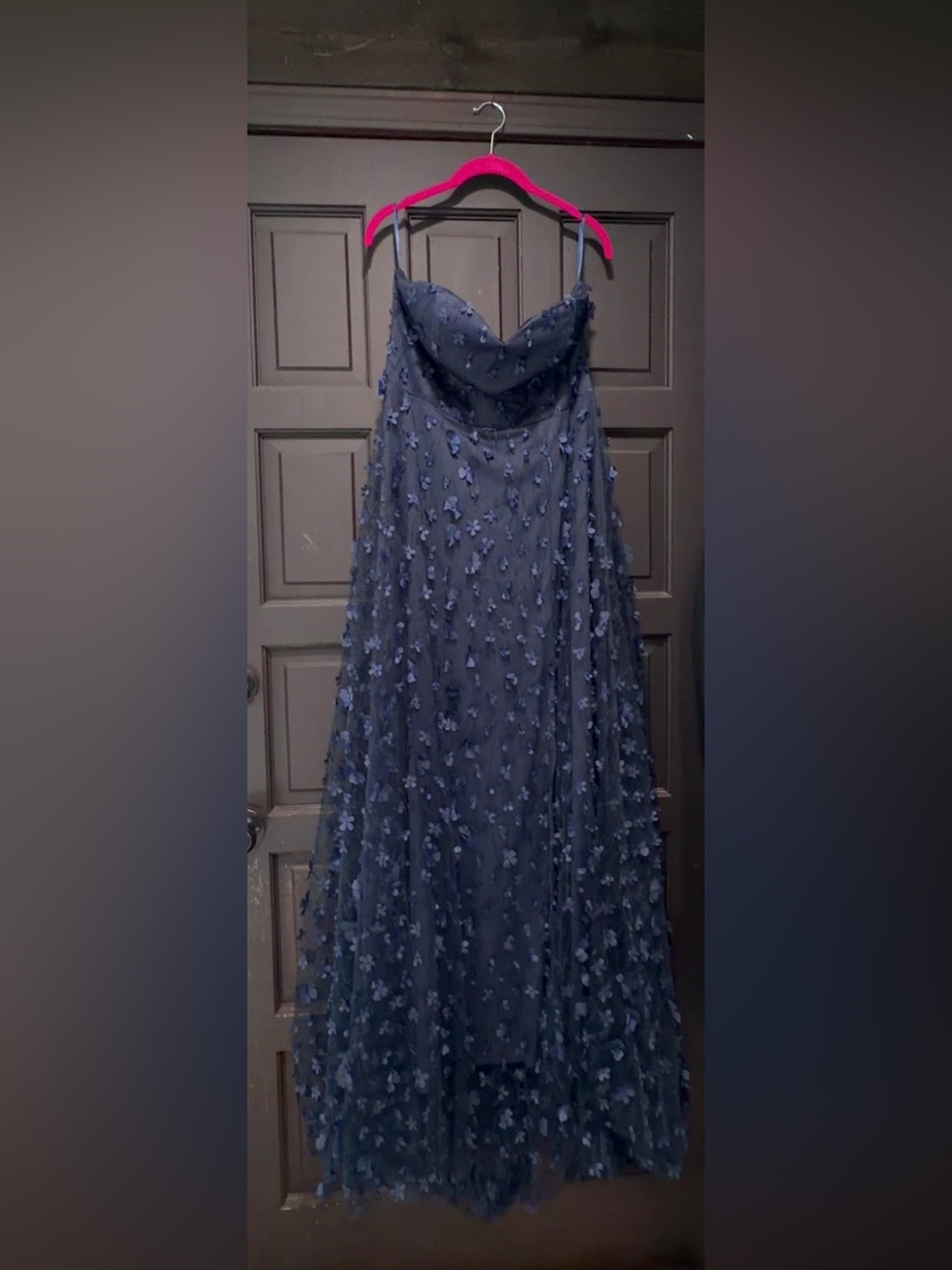 FAERIESTY Strapless Blue Floral Appliqué Evening Dress